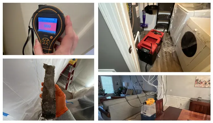 Moisture meter reading, restoration equipment in a residential setting, mold removal process, and water damage mitigation efforts by H2O Restoration.
