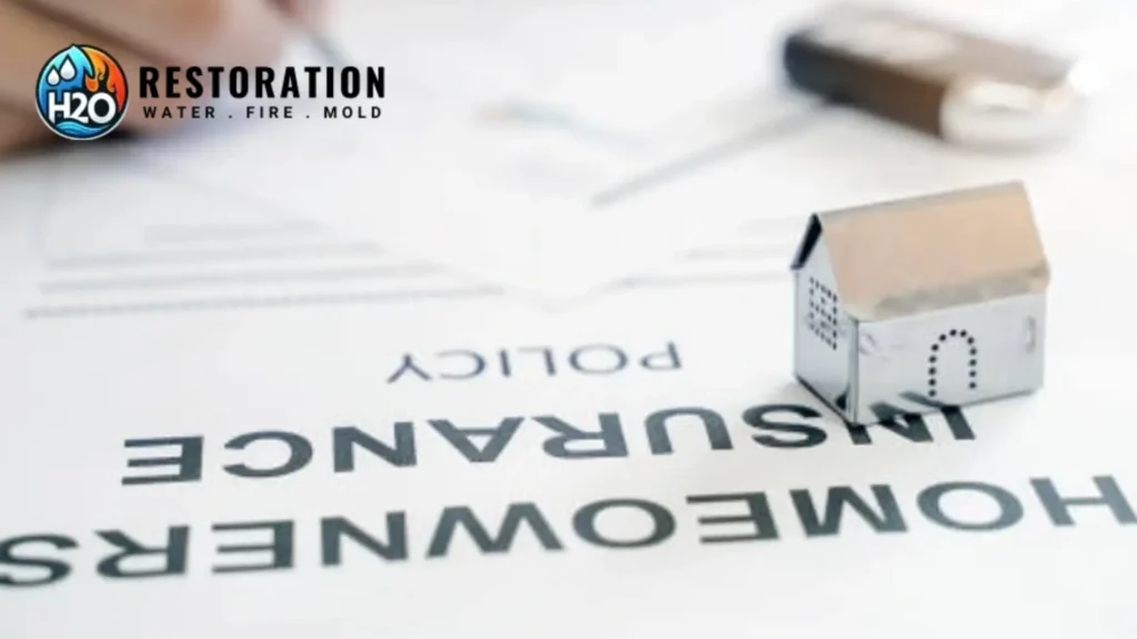 H2O Restoration Water Fire Mold branded image of a homeowners insurance policy document with a miniature metal house model, representing insurance claim assistance for water, fire, and mold damage restoration services