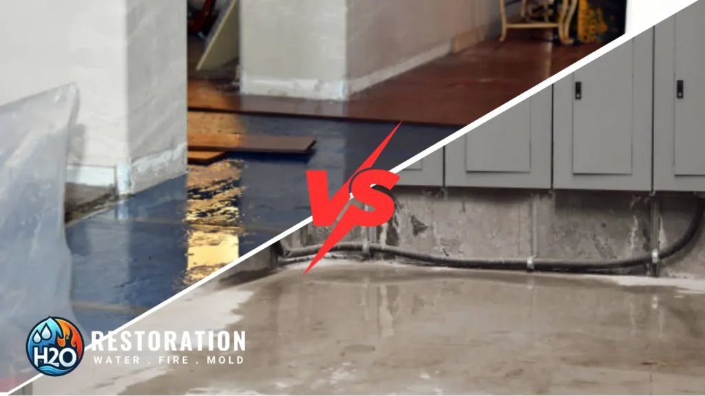 Side-by-side comparison of residential living room water damage versus commercial office building flood restoration with professional drying equipment.