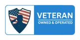 Veteran Owned and Operated badge featuring an American flag shield emblem on a blue background, indicating military veteran business ownership