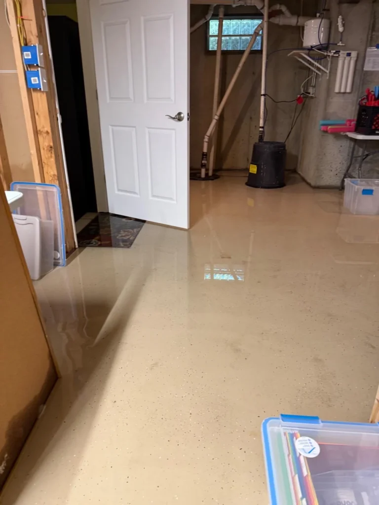 Flooded basement utility area with large standing water puddle, sump pump crock visible, exposed wall framing, and water filtration system on concrete wall