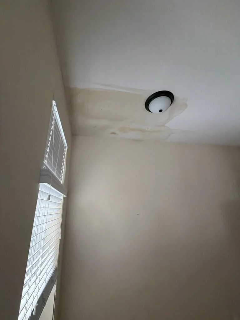 Close-up of ceiling water stain with paint peeling and bubbling around black dome light fixture, window with blinds in corner, tan drywall ceiling