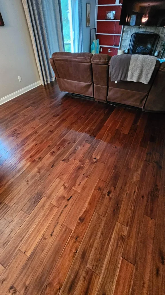 Close-up of water-damaged hardwood floor in living room showing wet discoloration patch near brown recliner sofa