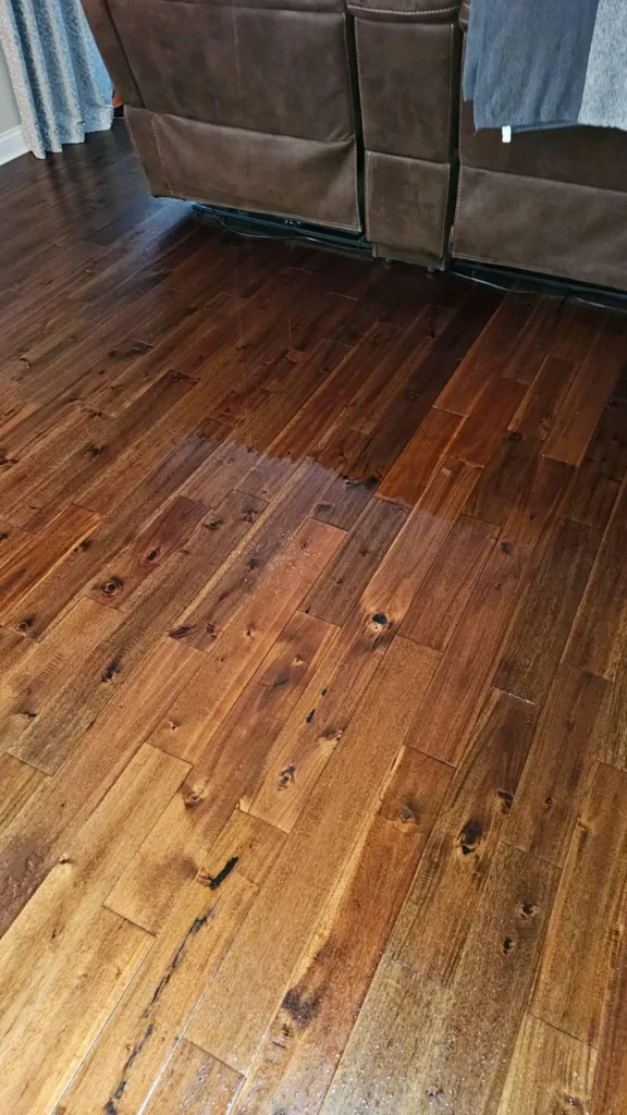 Hardwood floor with visible wet water stain from ceiling leak above, brown recliner sofa in background