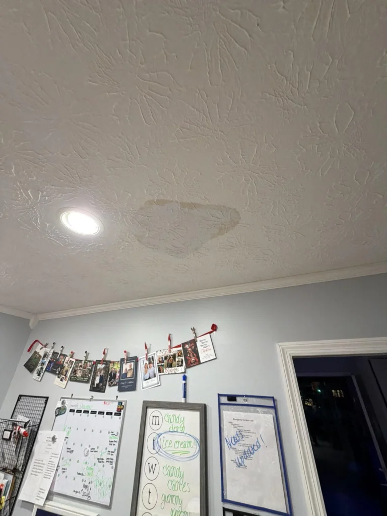 Kitchen ceiling showing skip-trowel textured ceiling with visible tan water stain near recessed can light, blue wall with white wainscoting below, family photo garland, weekly schedule whiteboard, emergency contacts list, and exterior window at right