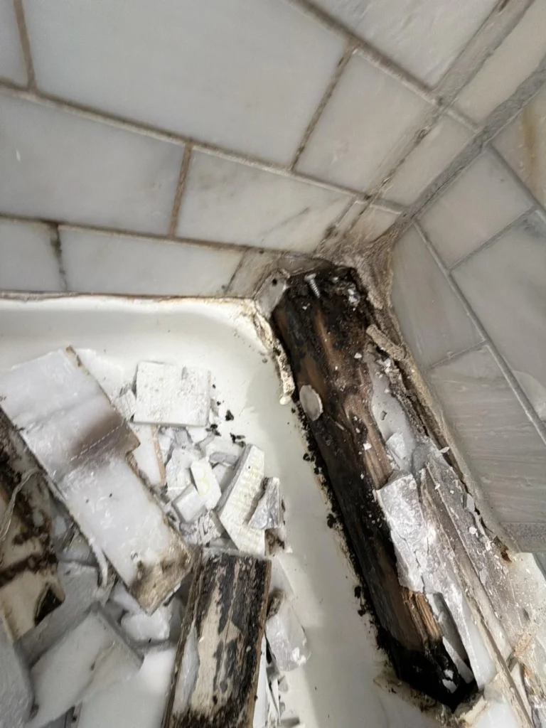 Close-up inside the shower area showing a severely water-rotted and blackened wooden stud exposed where tiles were removed, broken tile pieces and debris inside the clawfoot tub and on the floor, with intact marble subway tile remaining on surrounding walls
