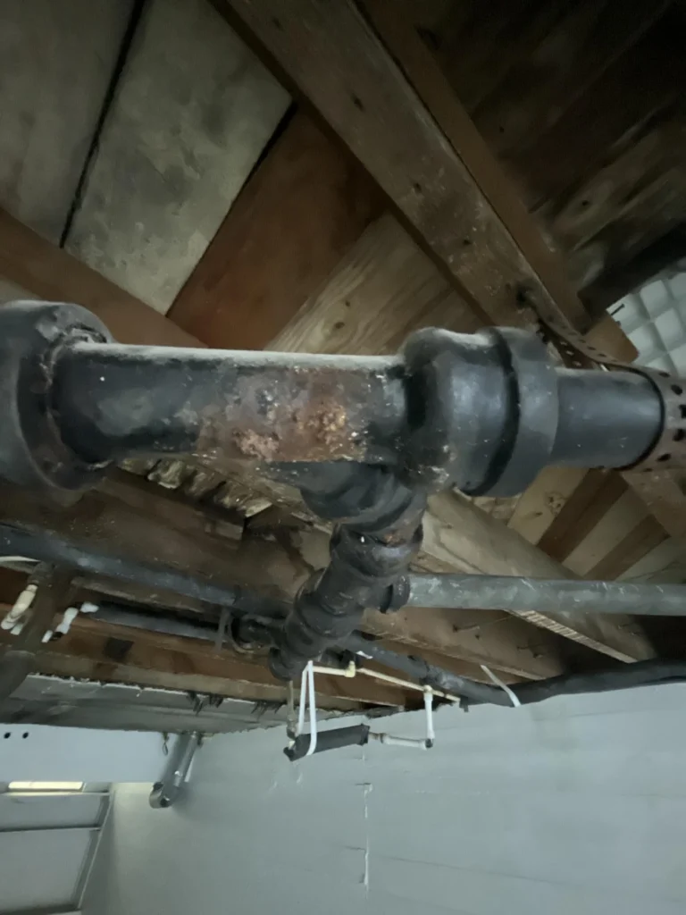 Close-up of a cast-iron drain pipe with a rubber no-hub coupling connector showing heavy rust corrosion on the pipe surface, mounted to severely deteriorated wooden floor joists in a basement ceiling