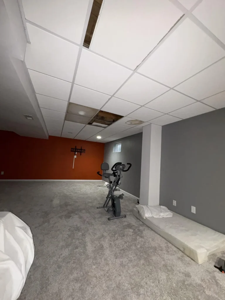 Finished basement rec room with gray carpet, orange accent wall, gray walls, drop ceiling with missing and water-damaged tiles exposing wood joists above, exercise bike, and TV wall mount