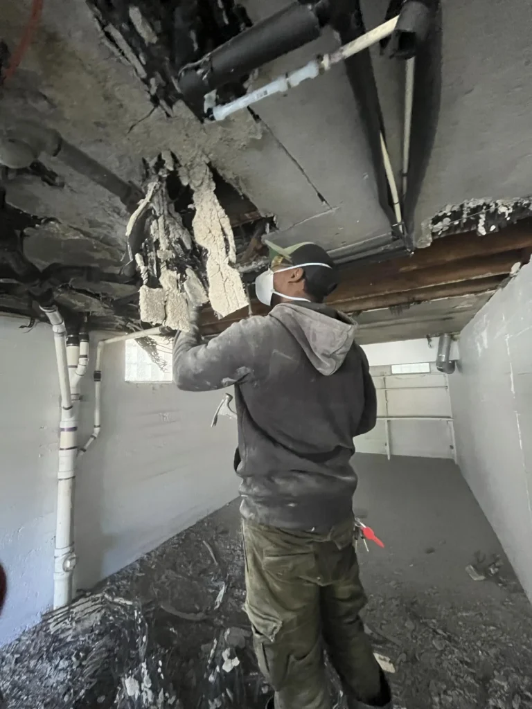 Worker wearing a respirator mask pulling deteriorated insulation and debris from a heavily damaged basement ceiling, standing among mold-contaminated rubble on the floor