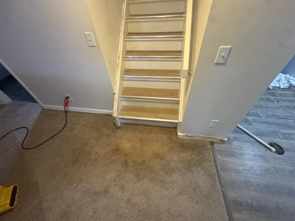 Basement stairwell area showing transition between stained beige carpet and new gray LVP flooring, with water-damaged door trim and baseboard at the stair base and construction cords on the floor
