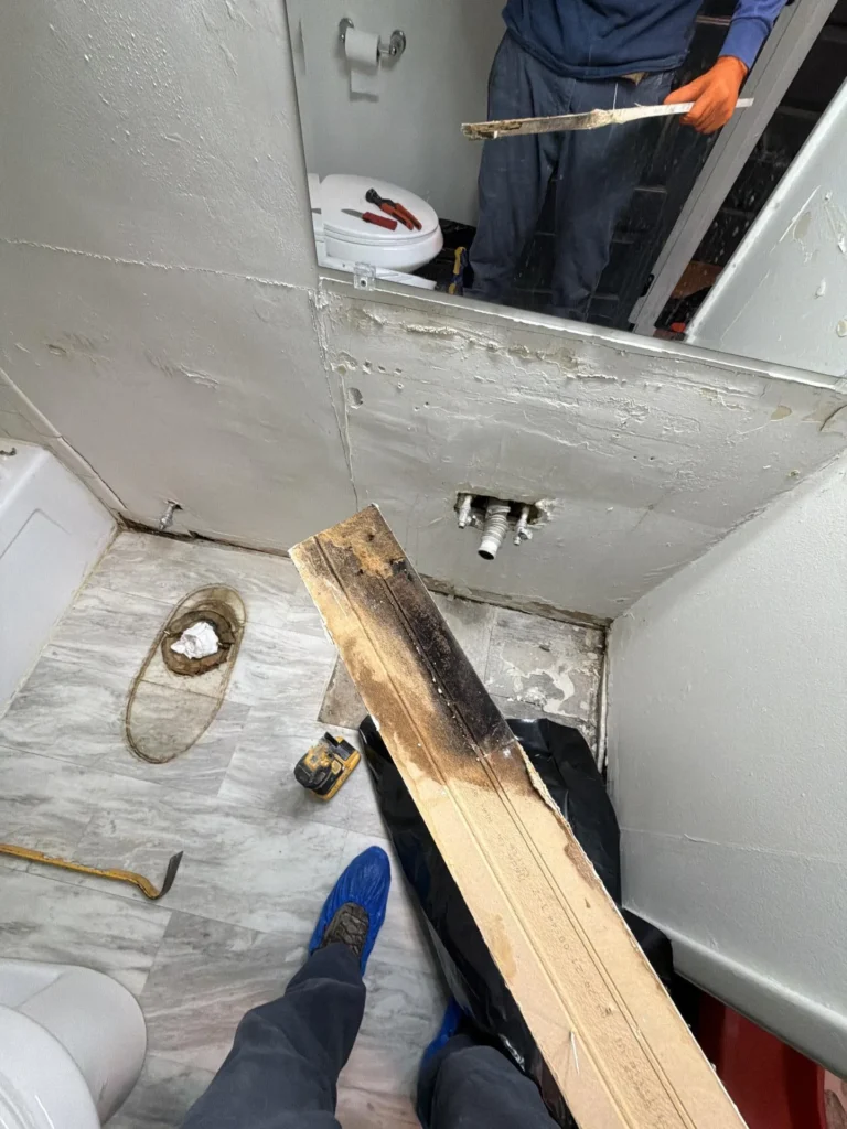 Two water damage remediation workers in bathroom, one holding a mold-blackened wood board being removed, with wall opened exposing supply line stub-out, toilet floor flange visible, and tools on marble tile floor