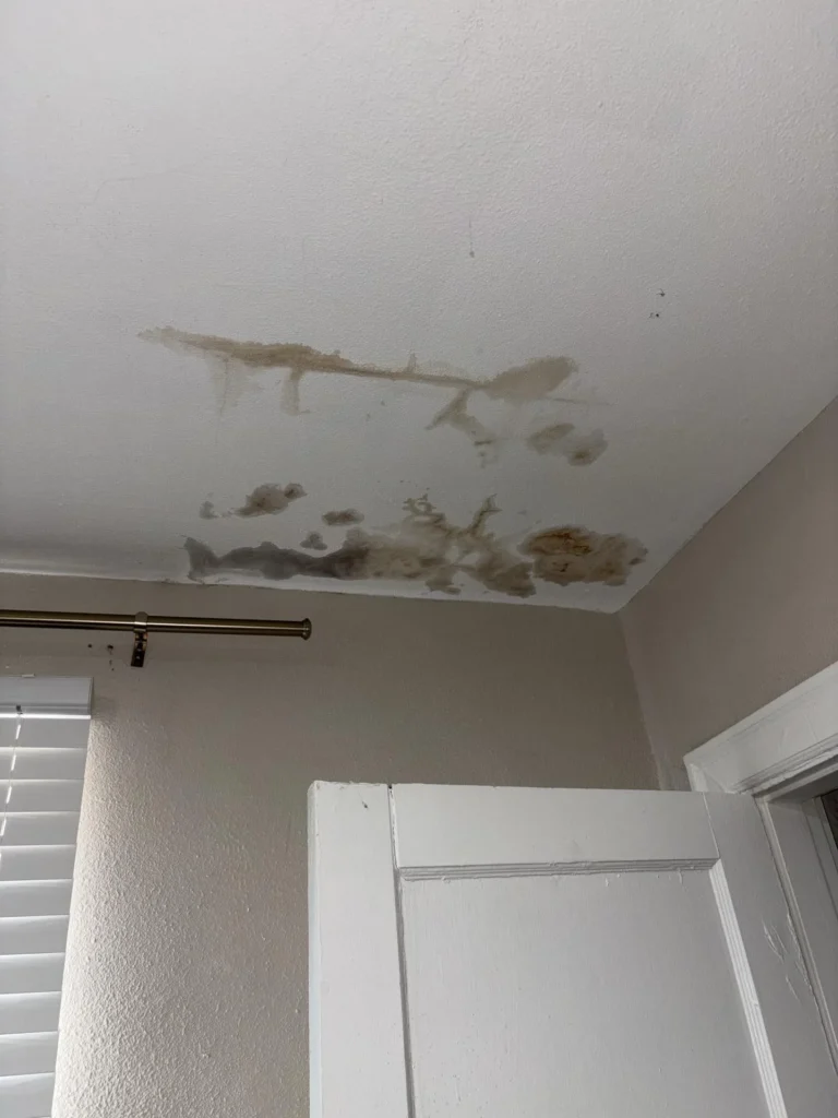 Close-up of a bedroom ceiling showing extensive water damage with tan-colored mineral stains and dark gray mold growth spreading across the corner, with a curtain rod and white closet door visible below