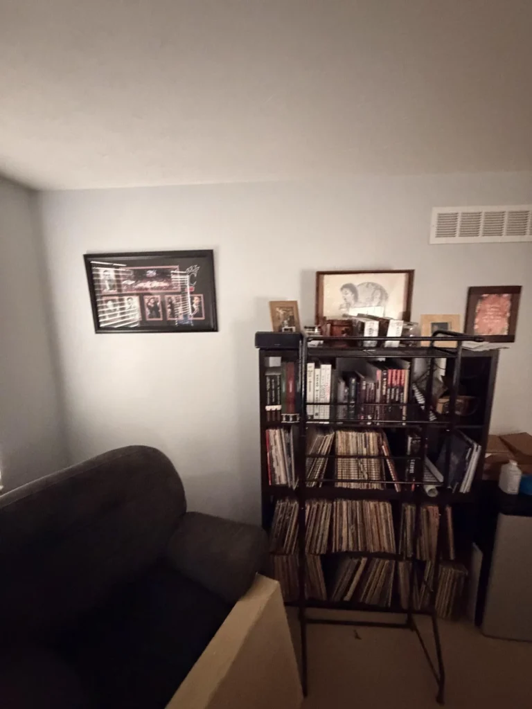 Bedroom corner with dark recliner sofa, black metal shelving unit filled with vinyl record albums and books, framed artwork on gray wall, and ceiling HVAC vent