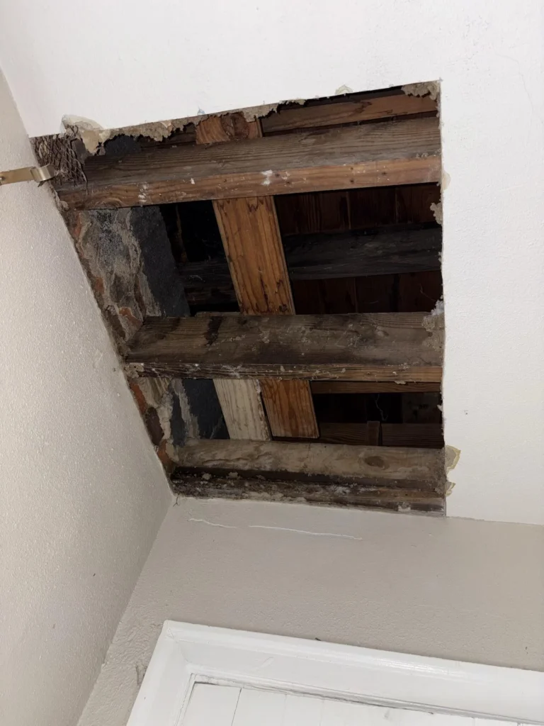 Close-up of a large rectangular opening in a bedroom ceiling where drywall has been removed, revealing multiple rows of dark brown and black mold-stained wood joists and deteriorated plank subfloor above, with white walls visible on three sides