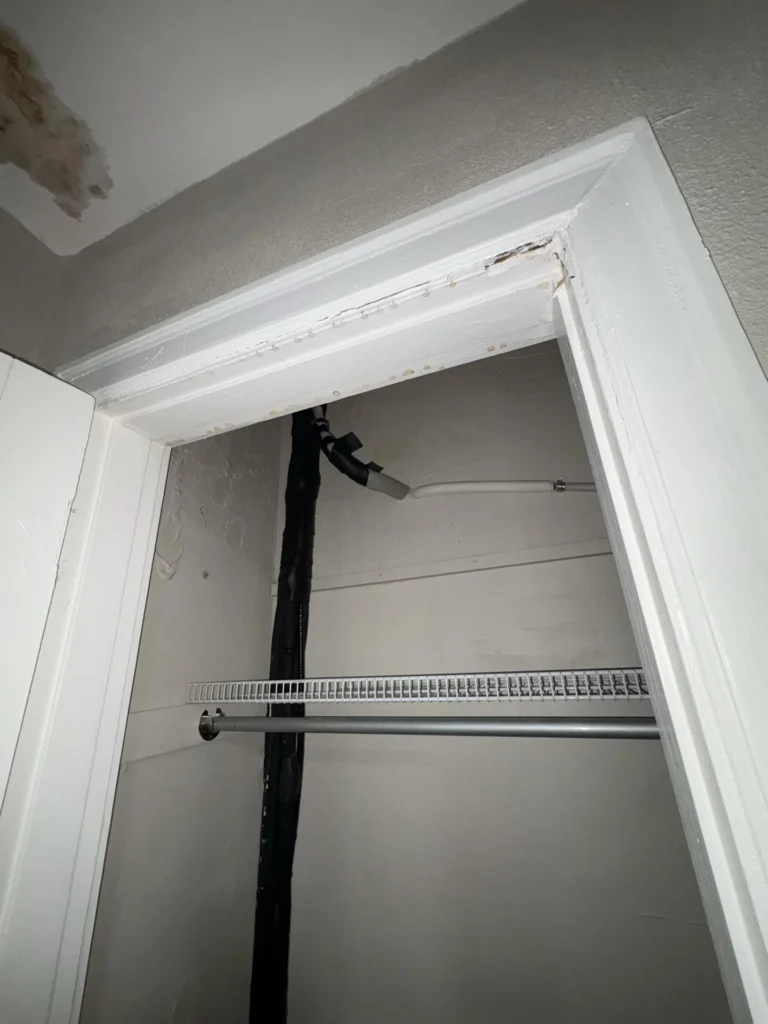 Looking into a bedroom closet through the doorway showing a severely water-stained white door header with brown spots and cracks, a black insulated pipe running through the ceiling, and a wire shelf with hanging rod inside