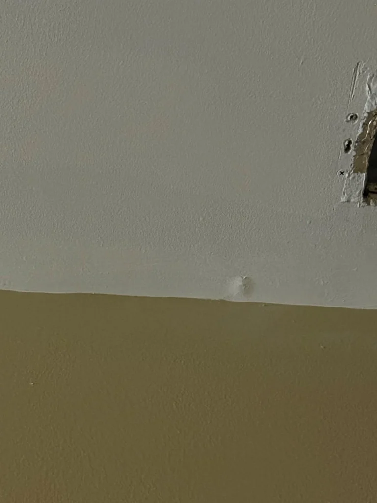 Interior wall showing a two-tone paint color transition between white upper and tan lower sections, with a rough drywall patch and open electrical box cutout with exposed mesh tape and screws in the upper right corner