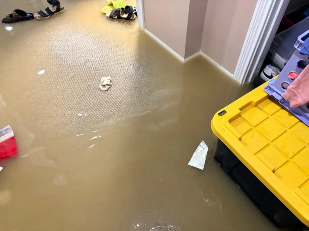 View of flooded basement showing the water level covering the carpet and vinyl flooring transition, with scattered shoes, a yellow-lidded black storage bin being carried, and a doorway visible in the background
