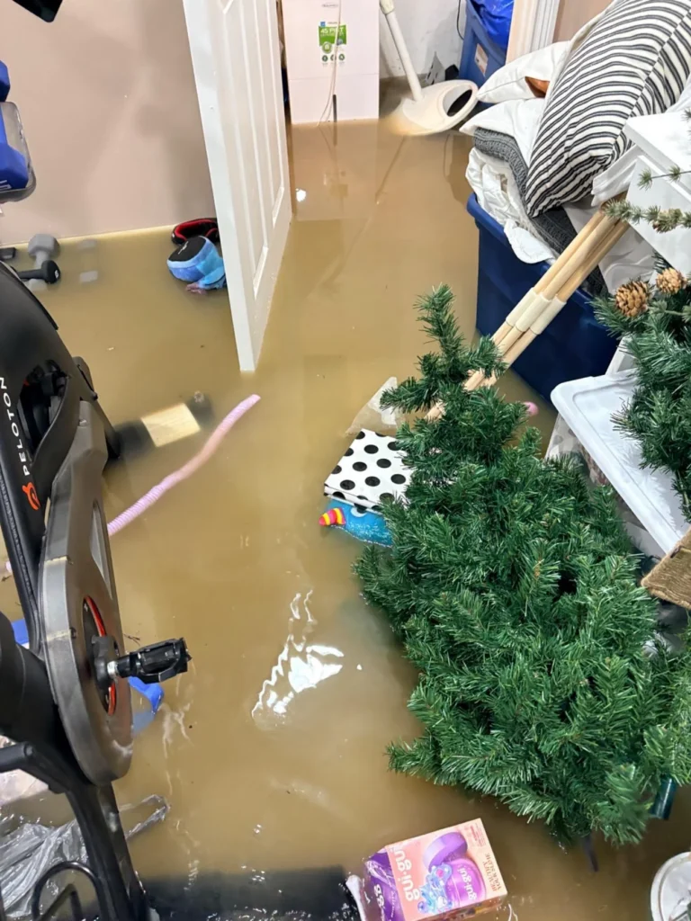 Flooded basement with murky standing water, a Peloton stationary bike, a disassembled artificial Christmas tree floating, storage bins, wrapped gifts, and a dehumidifier visible in the background