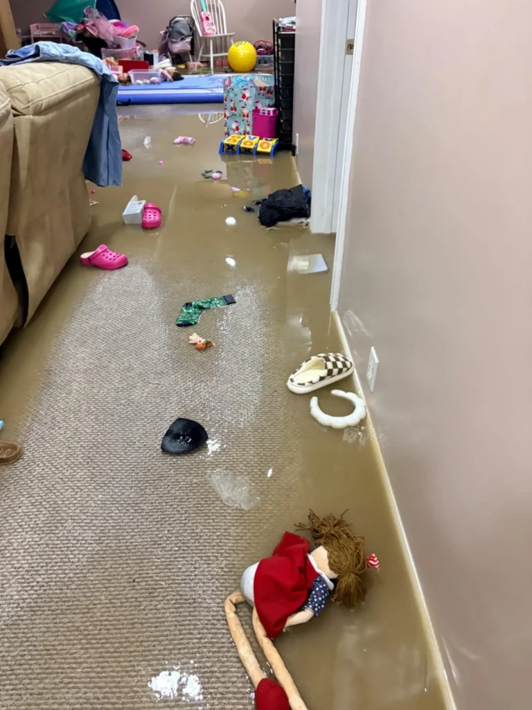 Flooded basement playroom with brown water across the carpet, children's toys, pink Crocs, a rag doll, a checkered shoe, and various scattered items floating or partially submerged throughout the room