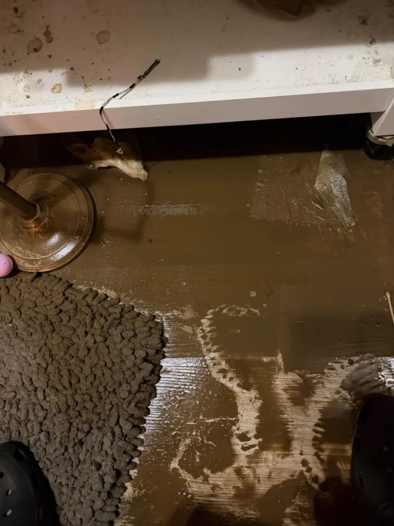 Flooded basement bathroom floor after water receded, showing thick muddy brown sediment and dirty residue coating the tile and wood floor, a mud-soaked bath mat, a brass plunger, and water stains under a vanity