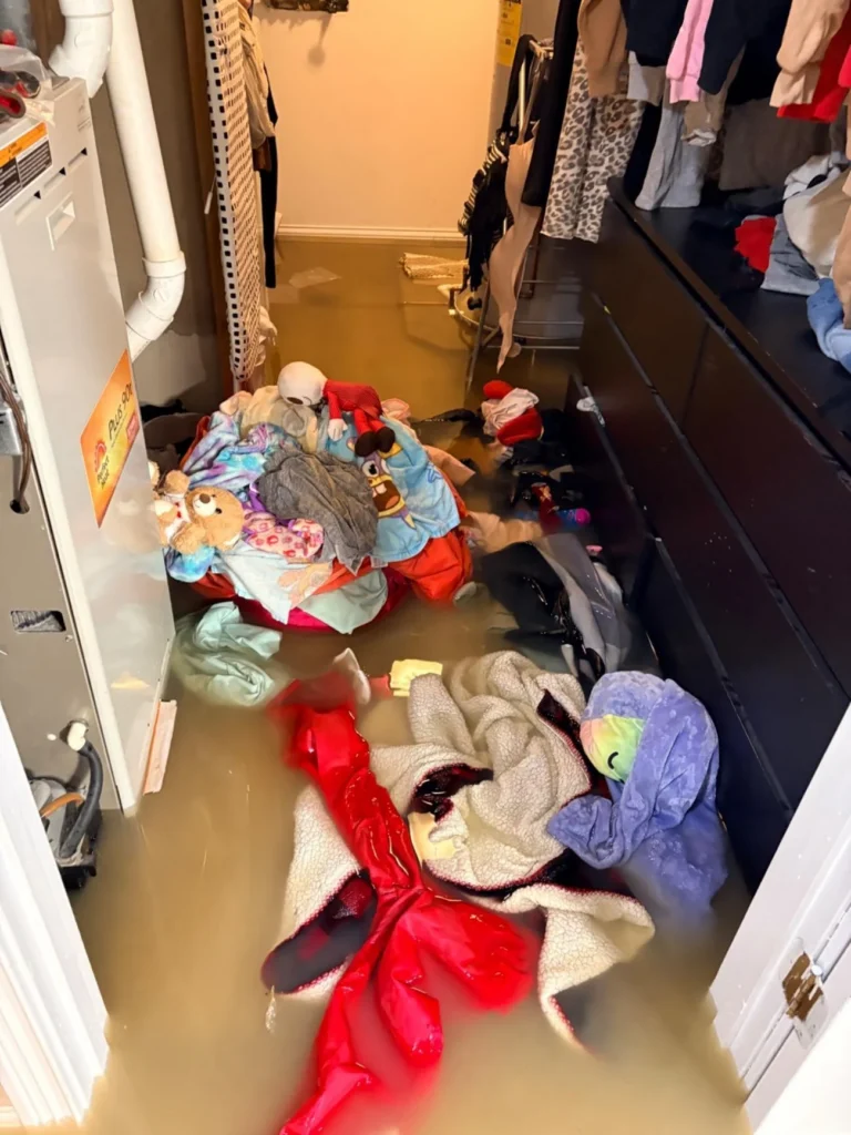 Flooded basement closet with standing brown water, stuffed animals and children's clothing floating and piled on the floor, a wall-mounted HVAC unit on the left, and hanging clothes on both sides