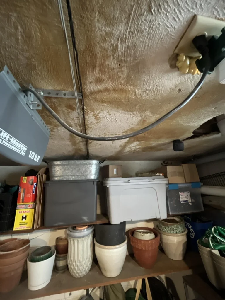 Severely water-damaged garage ceiling with large brown stain covering most of the visible surface, with a LiftMaster garage door opener and shelves holding storage bins and plant pots