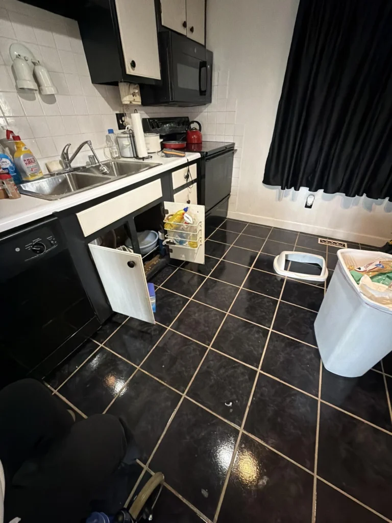 Kitchen sink area with black and white cabinets, open under-sink cabinet door revealing water-damaged interior with cleaning products, black tile floor with moisture, a trash can, and black curtain in the background