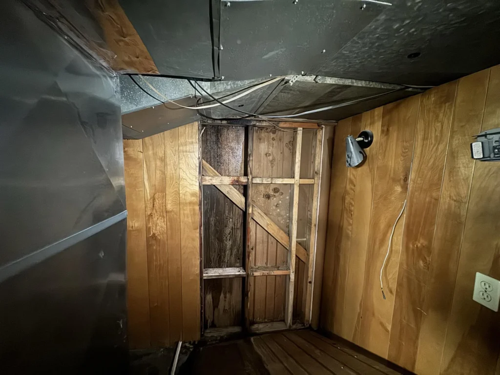 Interior of under-stair storage space showing heavily mold-damaged wooden wall framing and paneling with X-bracing, galvanized steel ductwork above, and exposed electrical wiring and conduit
