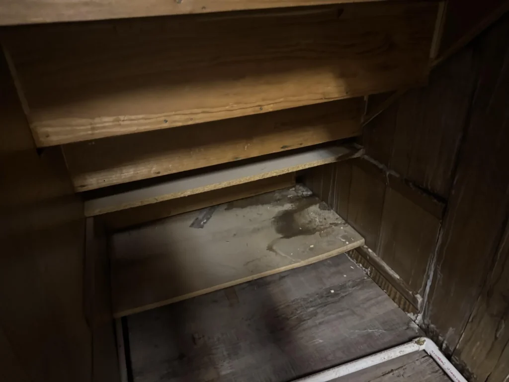 Under-stair storage area showing wooden shelving with water-stained plywood backing, a white PVC condensate pipe running at floor level with mold damage at the base of the wall panels
