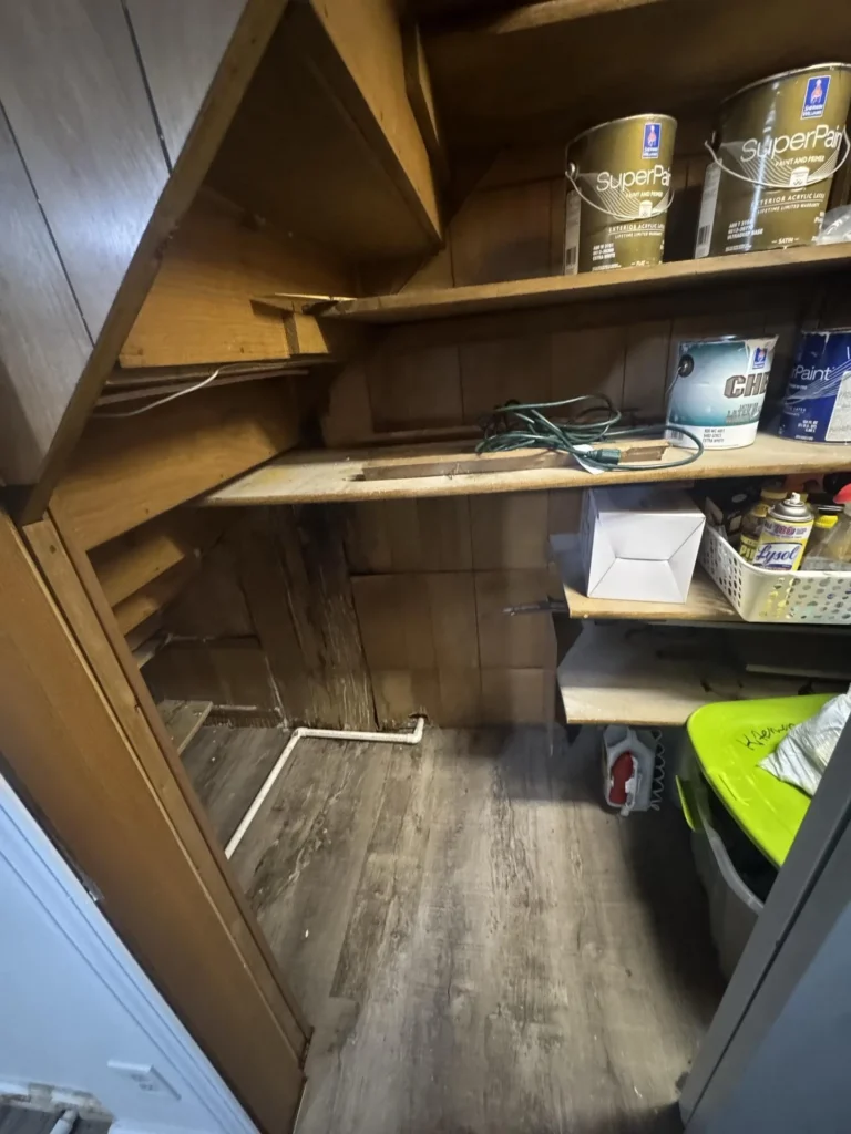 Under-stair storage space with water-damaged dark wood paneling showing mold staining, wooden shelves holding Sherwin-Williams paint cans, a Chesapeake paint can, cleaning supplies including Lysol, and a green bin on the floor