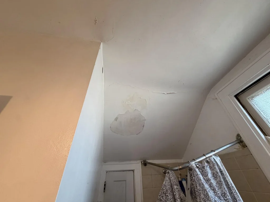 Bathroom with a sloped ceiling showing large peeling paint patches and water damage stains, a white interior door, shower curtain rod, and a frosted glass window