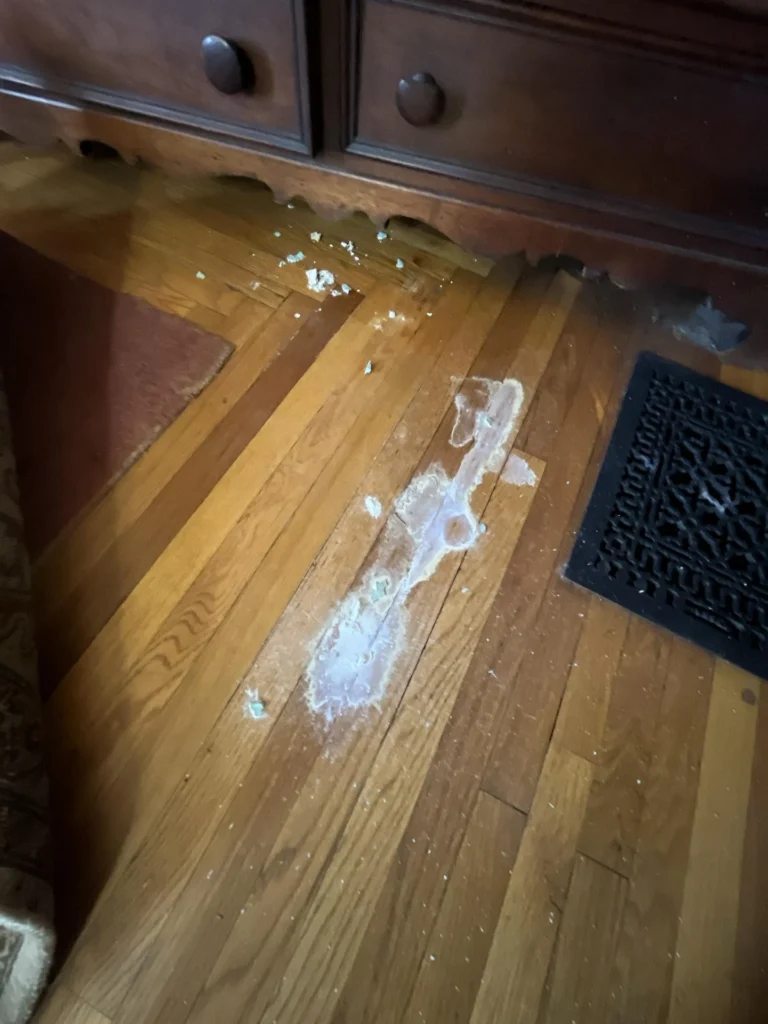 Close-up of water-damaged hardwood floor with white plaster debris fallen and scattered near a dark wood sideboard and an ornate cast iron floor vent register