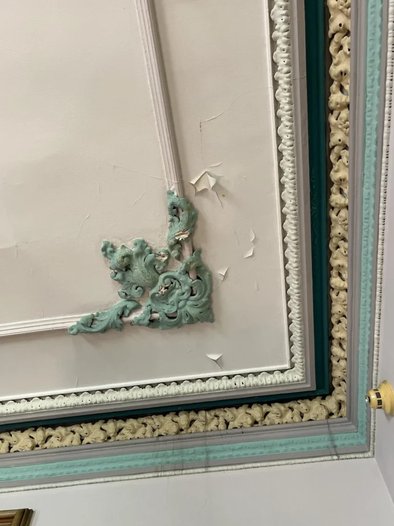 Close-up of an ornate historic plaster ceiling corner with a teal and cream acanthus leaf medallion, surrounded by decorative egg-and-dart molding, with paint peeling and cracking from water damage