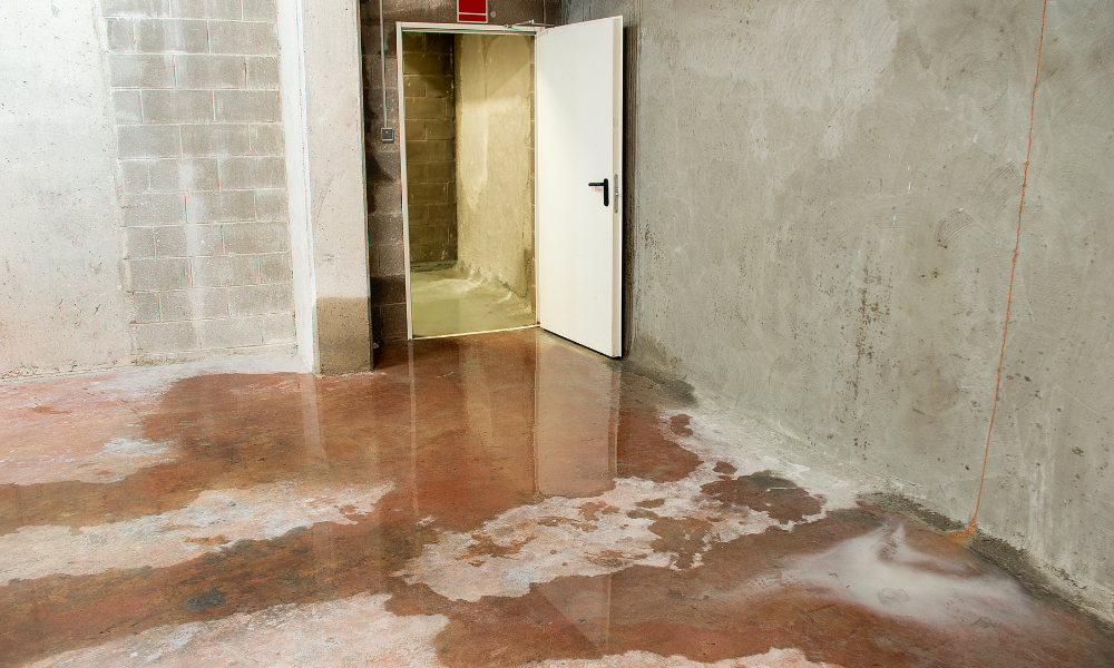 Emergency water damage restoration for a basement with standing water on the concrete floor after flooding.