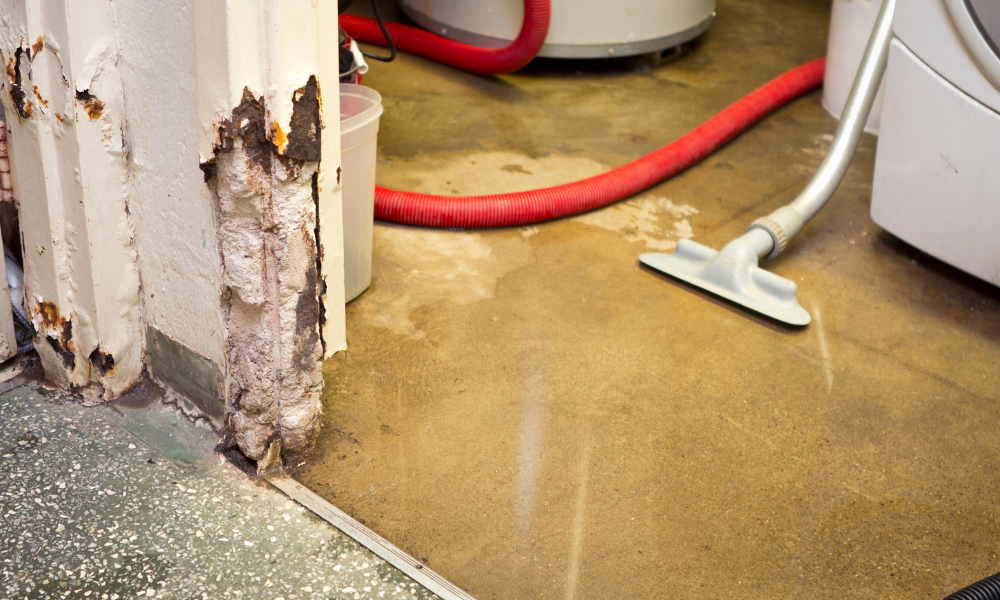 Emergency water damage restoration with water extraction equipment removing standing water from a damaged floor.